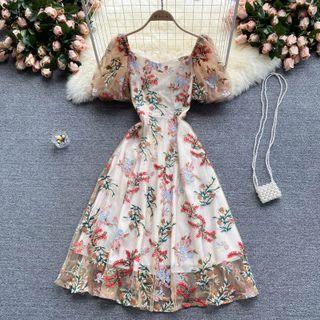 Mesh Flower Embroidered Puff-sleeve Dress