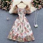 Mesh Flower Embroidered Puff-sleeve Dress