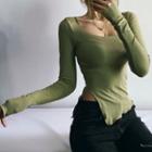 Long-sleeve Asymmetrical Frill Trim T-shirt