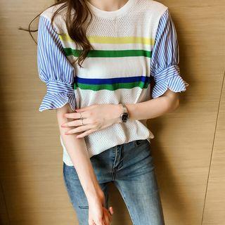 Striped Panel Short-sleeve Knit Top