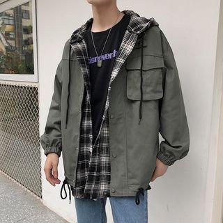 Mock Two-piece Hooded Button Jacket