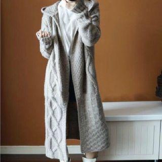Hooded Open-front Long Cable Knit Cardigan