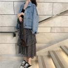 Plain Denim Long-sleeve Jacket / Plain Tank Top / Polka Dot High-waist Skirt