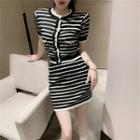 Set: Striped Short-sleeve Cropped Cardigan + Mini Pencil Skirt Stripe - One Size