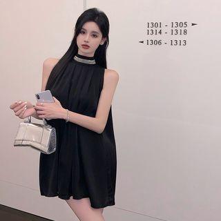 Halter Studded Mini Smock Dress Black - One Size
