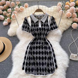 Lapel Argyle Color Block Cutout Short-sleeve Dress