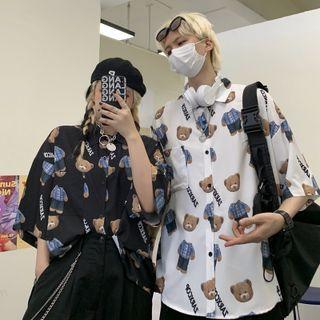 Couple Matching Elbow-sleeve Bear Print Shirt