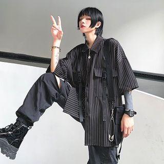 3/4-sleeve Striped Cargo Shirt Black - One Size
