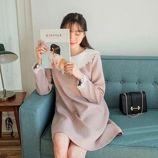 Contrast-collar Lace-trim A-line Dress