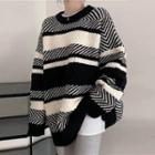 Round-neck Striped Cable-knit Sweater Stripes - Black & White - One Size