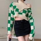 One-shoulder Checkered Cropped Sweater