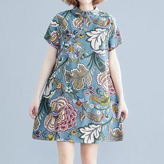 Short-sleeve Leaf Print A-line Mini Dress