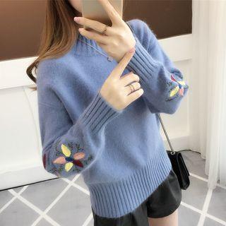 Floral Embroidered Mock Neck Chunky Sweater