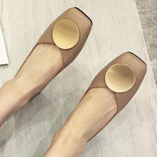Disc-accent Square-toe Low-heel Pumps