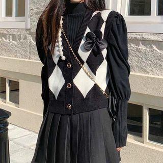 Puff-sleeve Sweater / Argyle Button-up Knit Sweater Vest