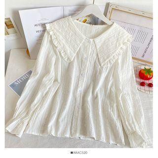 Ruffled Peter Pan-collar Loose Shirt White - One Size