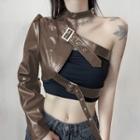 Long-sleeve One-shoulder Faux Leather Crop Top