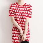 Elbow-sleeve Heart Print Knit Sheath Dress