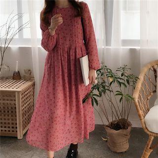 Floral Print Tie-waist Crewneck Chiffon A-line Long Dress