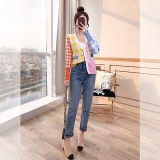 Plaid Cardigan / Straight-cut Jeans / Set