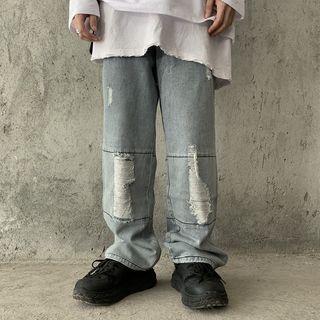 Distressed Letter Embroidered Wide-leg Jeans