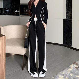 Two-tone Zip-up Knit Jacket / Drawstring Wide Leg Pants