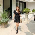Off-shoulder Puff-sleeve Shirred Dress