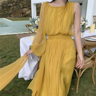 Asymmetrical Puff-sleeve Midi A-line Dress