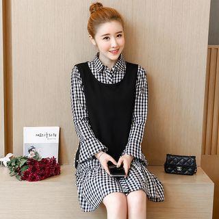 Set: Beaded Vest + Long-sleeve Plaid Mini Dress