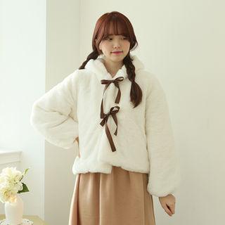 Panda-ear Beribboned Eco Fur Jacket White - One Size