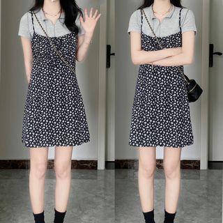 Plain T-shirt / Spaghetti Strap Floral Mini A-line Dress / Set