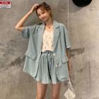 Spaghetti Strap Patterned Top / Wide-leg Shorts / Elbow-sleeve Blazer / Set