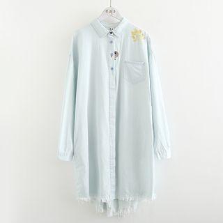 Leaf Embroidery Shirt Dress Light Blue - One Size