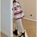 Collared Striped Cardigan / Ribbed Midi Knit Skirt
