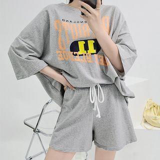 Letter T-shirt & Drawcord Shorts Lounge Set
