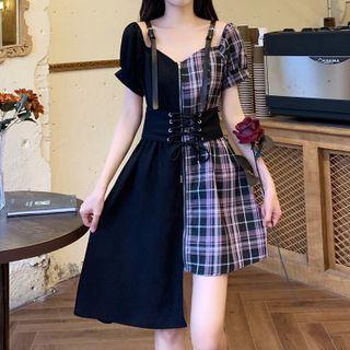 Cold-shoulder Plaid Panel Asymmetrical A-line Dress