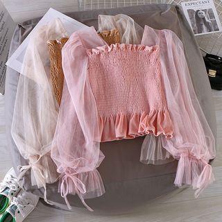 Bell-sleeve Smocked Velvet Top