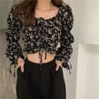 Puff-sleeve Floral Print Cropped Blouse White Floral - Black - One Size