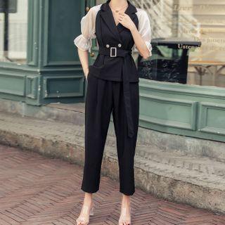 Set: Balloon-sleeve Double-breasted Blazer + Harem Pants