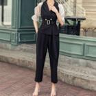 Set: Balloon-sleeve Double-breasted Blazer + Harem Pants