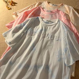 Short-sleeve Tie-dye Print Letter Embossed T-shirt