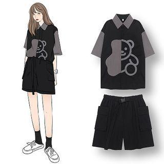 Asymmetric Panel Bear Print Short-sleeve Shirt / Plain Cargo Shorts