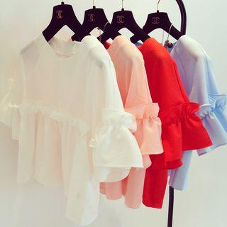 Ruffle Trim Elbow-sleeve Chiffon Blouse