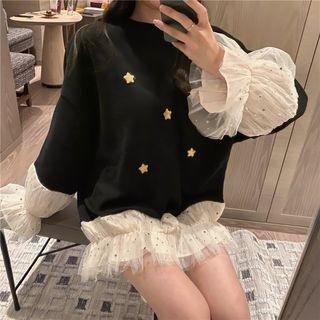 Star Sequin Flared-cuff Pullover Black - One Size