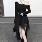 Long-sleeve One-shoulder Slit Crop Top / Asymmetrical Mesh A-line Skirt