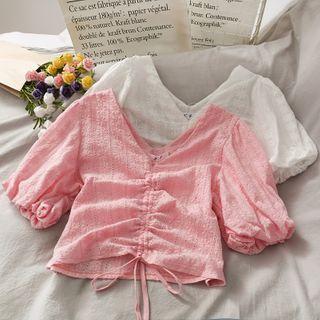 Eyelet Drawstring V-neck Crop Top