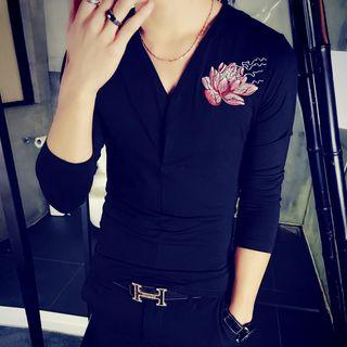 Floral Embroidered V-neck Long-sleeve T-shirt