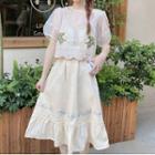 Floral Embroidered Lace Trim Camisole Top / Puff-sleeve Blouse / Midi A-line Skirt / Set