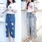 Distressed Denim Midi Straight-fit Skirt