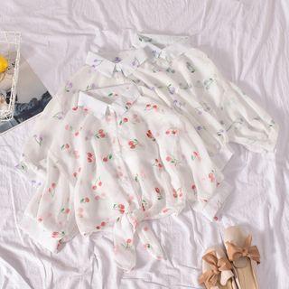 Elbow-sleeve Cherry Print Tie-front Shirt